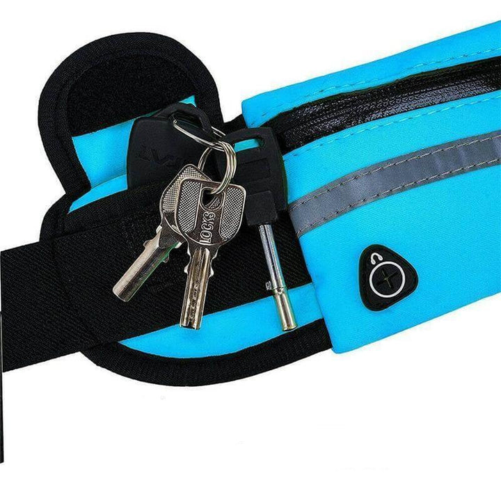 Durable water-resistant running waist belt. Secure phone holder & storage for outdoor fitness activities.