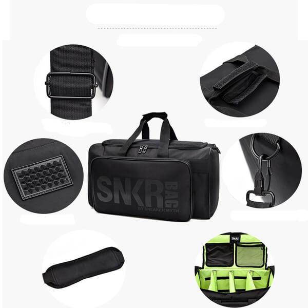 Three-quarter view of the sleek, black unisex travel bag, perfect for sneakers & gear
