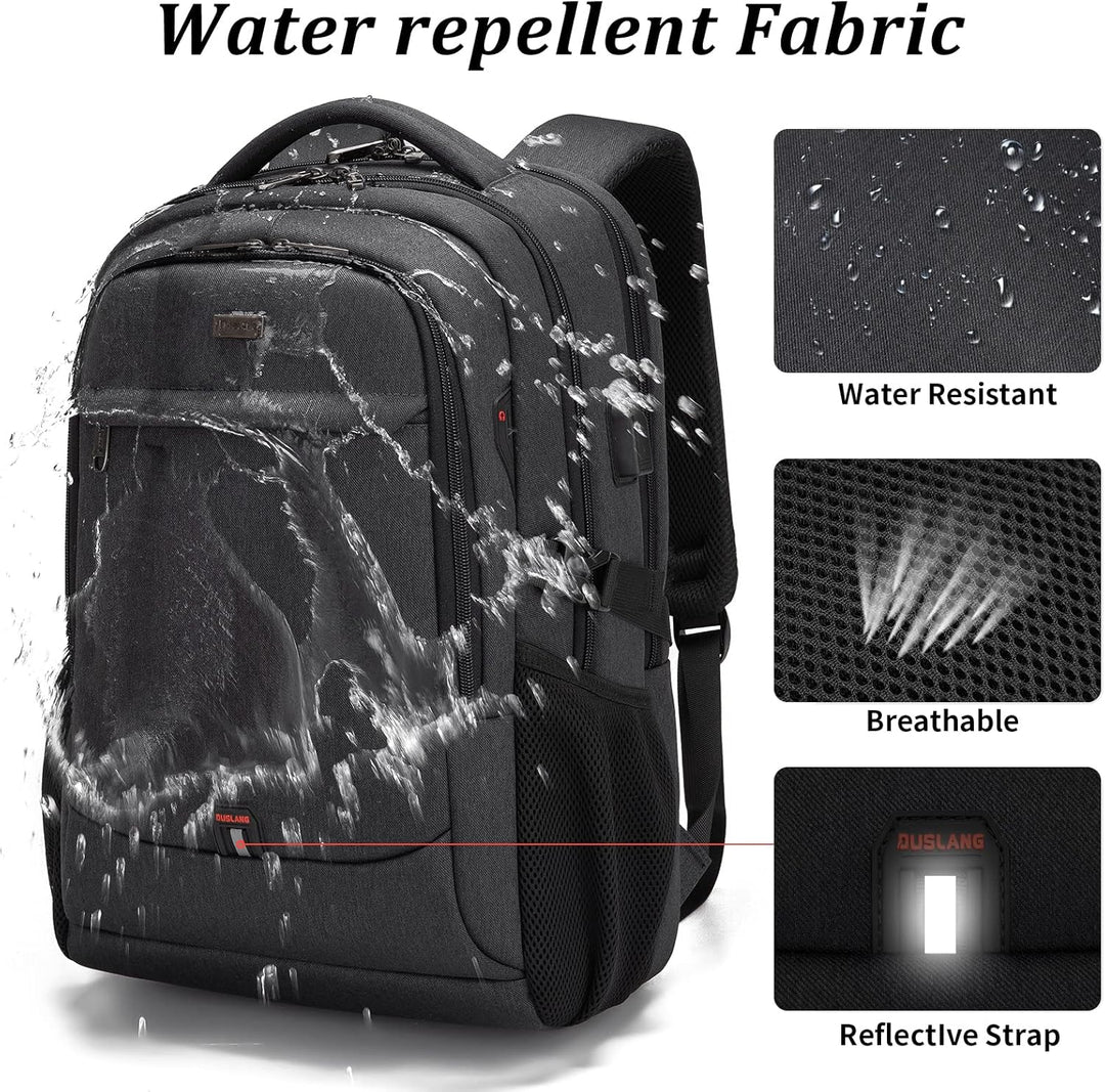 Everyday USB backpack, water-resistant fabric, great for college students.