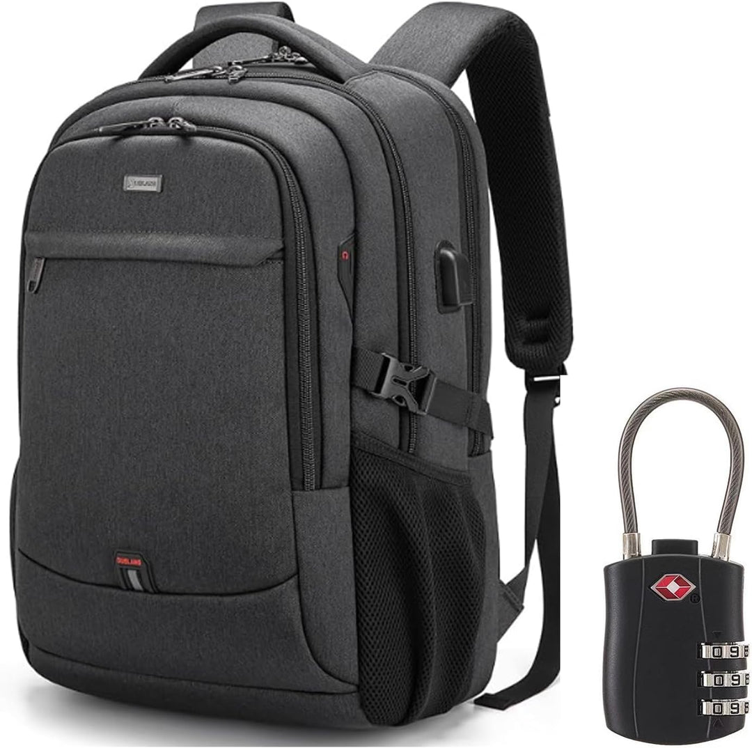 Unisex water-resistant travel laptop backpack with USB charging port, durable & organized.