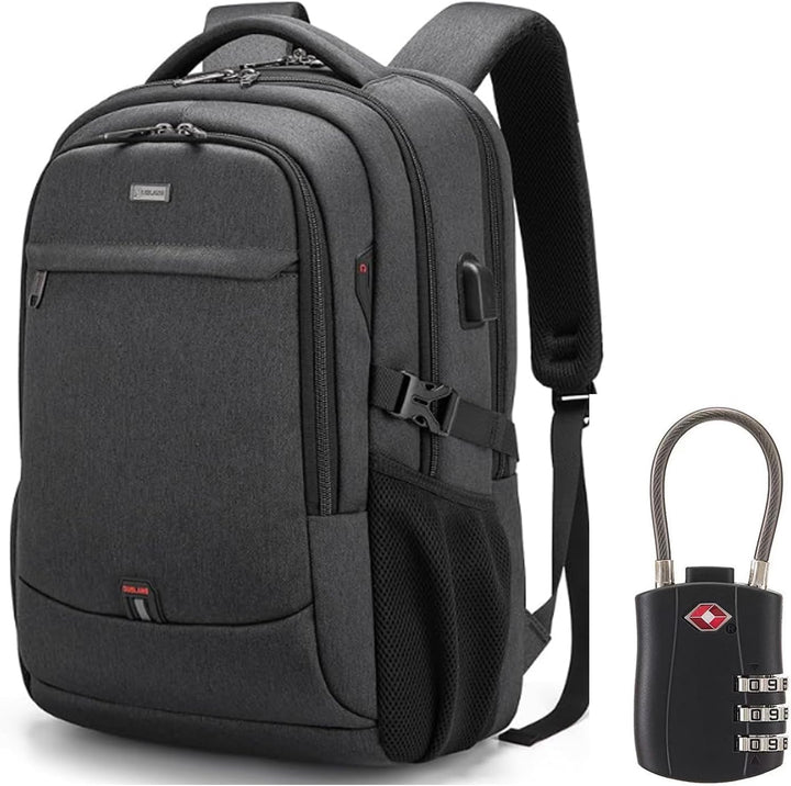 Unisex water-resistant travel laptop backpack with USB charging port, durable & organized.