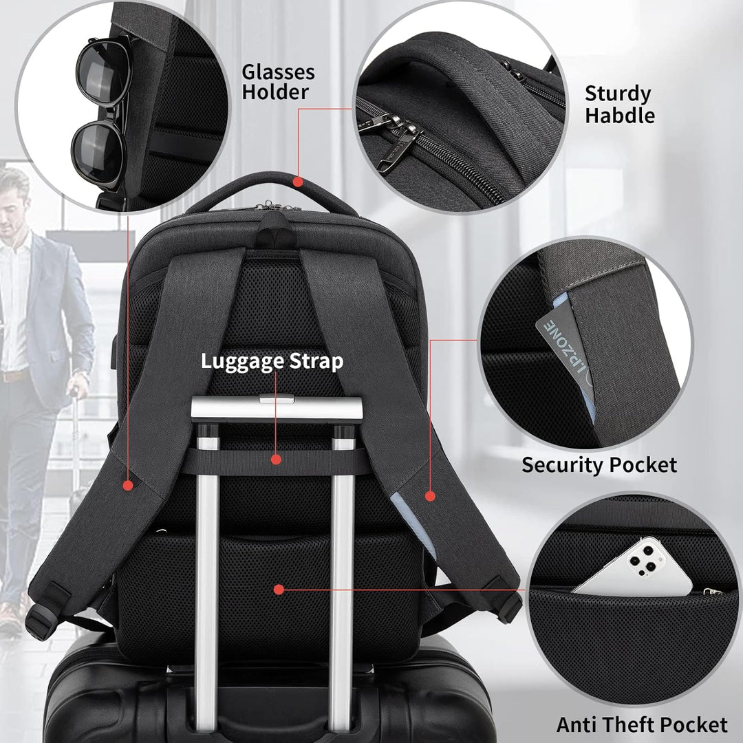 Water-resistant travel backpack with USB, perfect for digital nomads.