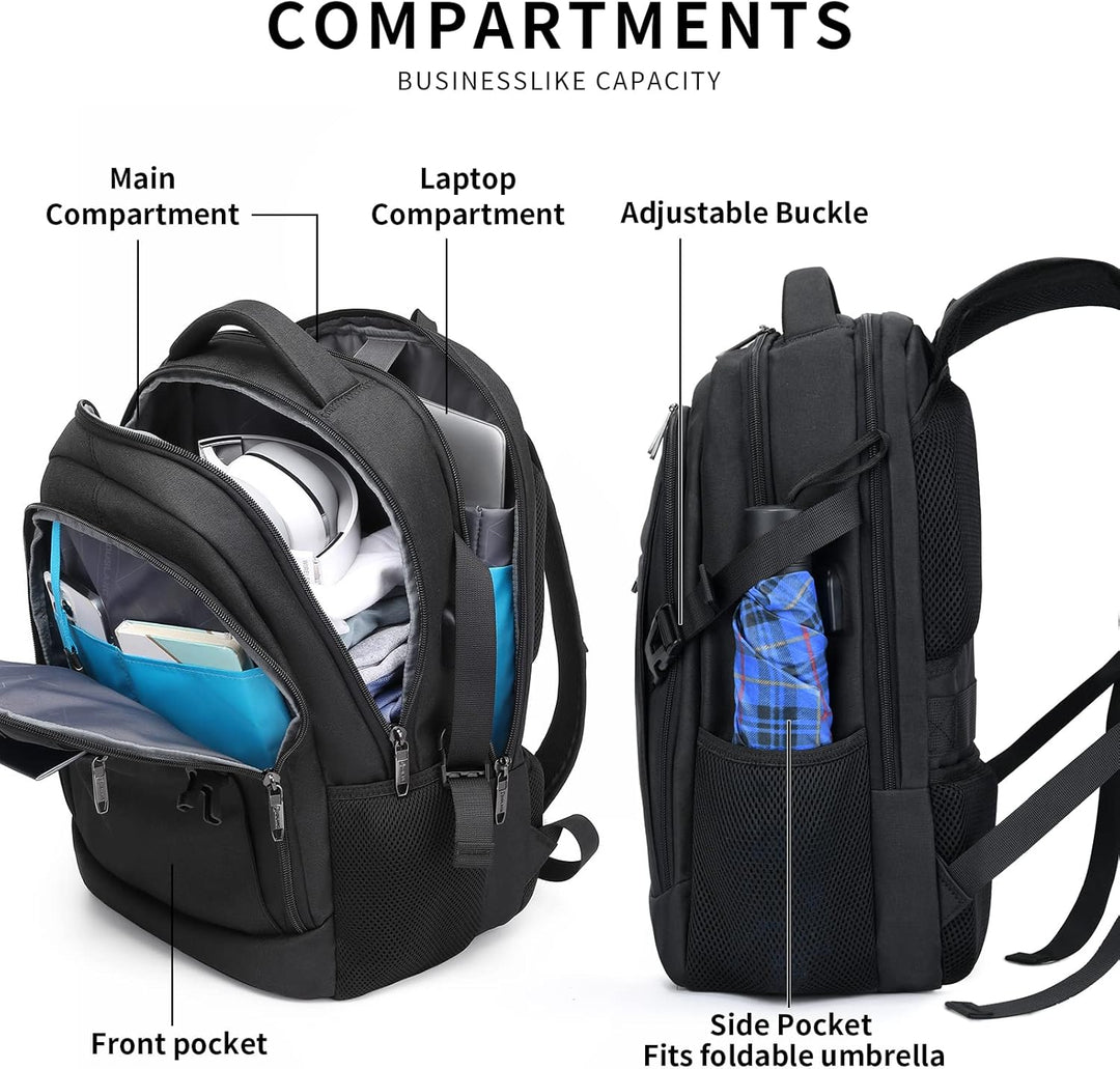 Modern unisex travel backpack, water-resistant, with essential USB charging.