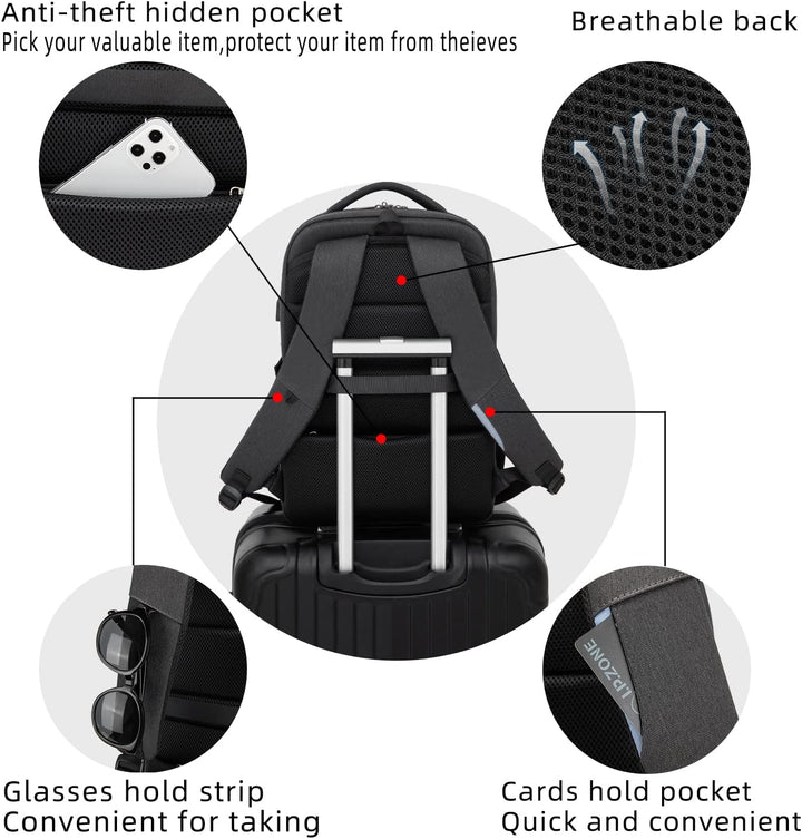Anti-theft work & daily use backpack, water-resistant, with laptop sleeve.
