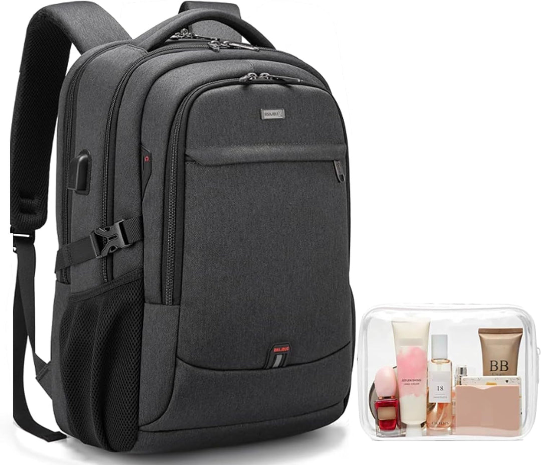 Spacious water-resistant travel backpack, USB port, organized for essentials.