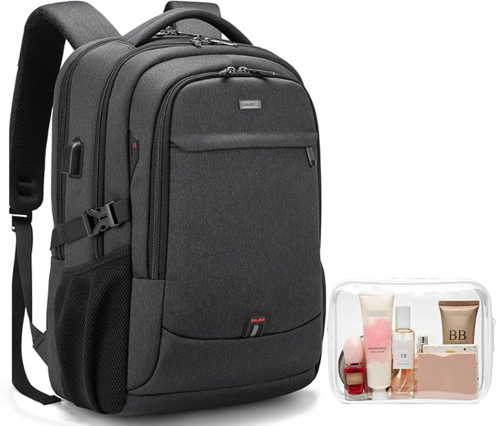 Spacious water-resistant travel backpack, USB port, organized for essentials.