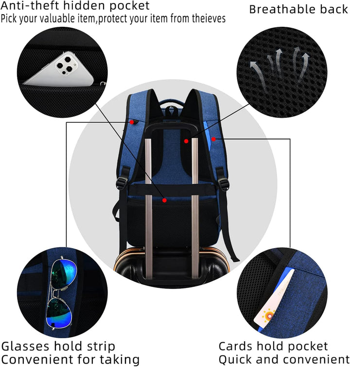 Organized college laptop backpack, water-resistant material & external USB.