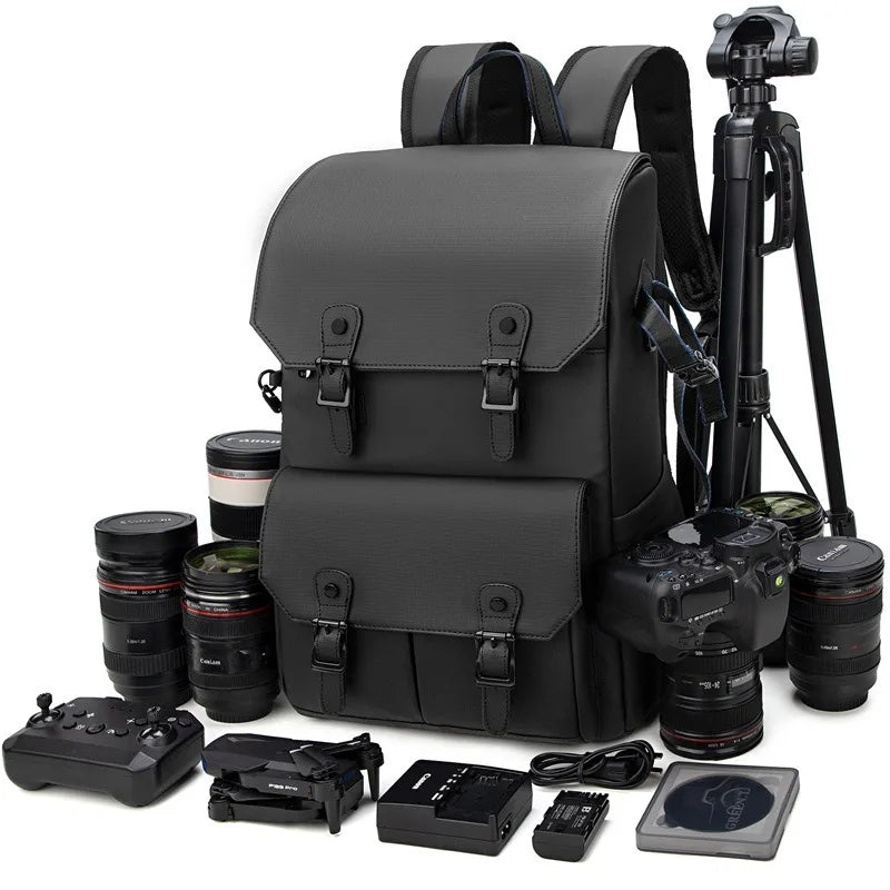 Unisex waterproof camera shoulder bag in black, side view, showing large capacity for photography gear.
