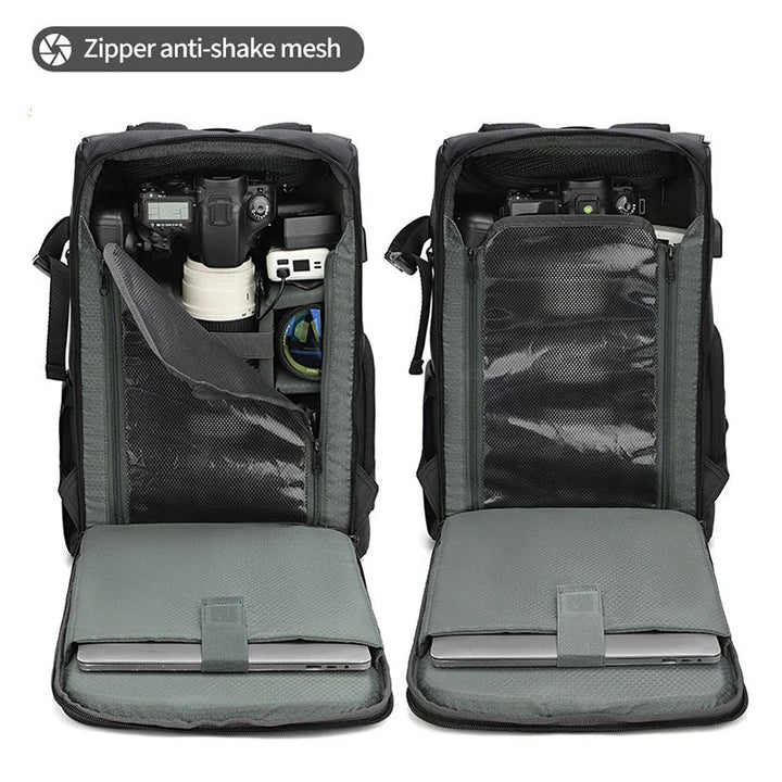 Close-up of the durable, waterproof material and sturdy zippers on the camera shoulder bag, ideal for all weather.