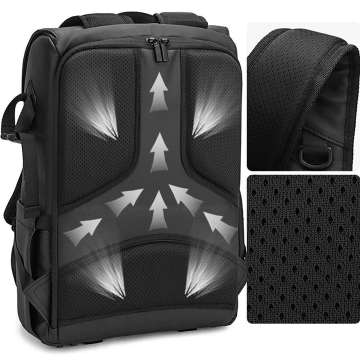 Unisex camera large capacity shoulder bag showcasing multiple pockets for accessories, backpack style alternative.