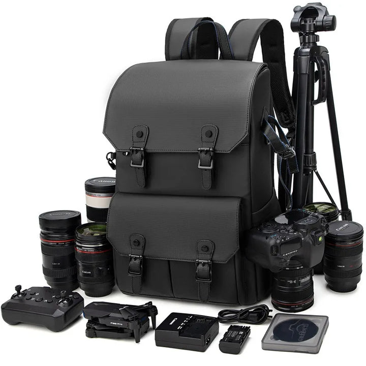 Unisex waterproof camera shoulder bag with large capacity, black, front view, for photography gear