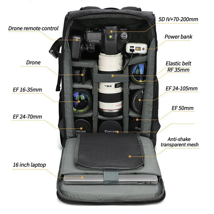 Black waterproof camera shoulder bag, unisex, with interior dividers, showcasing large capacity for photography gear