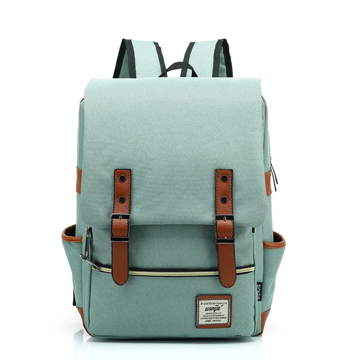 Front view of a black unisex waterproof commuter backpack with external zippered pockets.