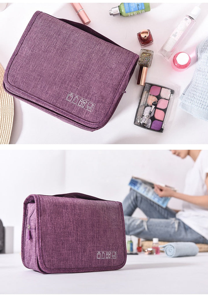 Waterproof travel wash bag, designed for efficient organization of cosmetics and toiletries.