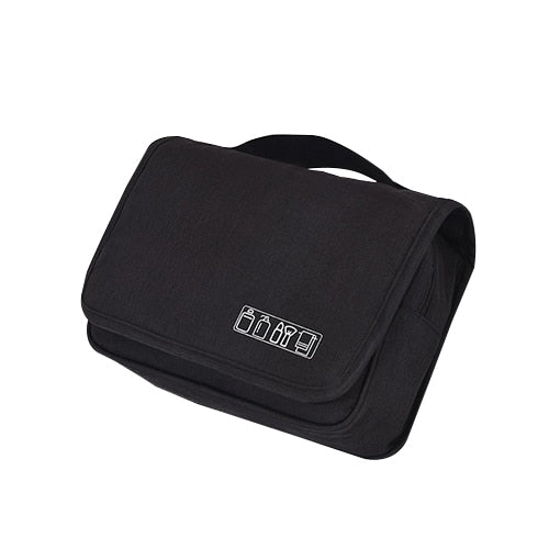 Deluxe hanging toiletry cosmetic bag for travel, showcasing its storage capacity and hooks.