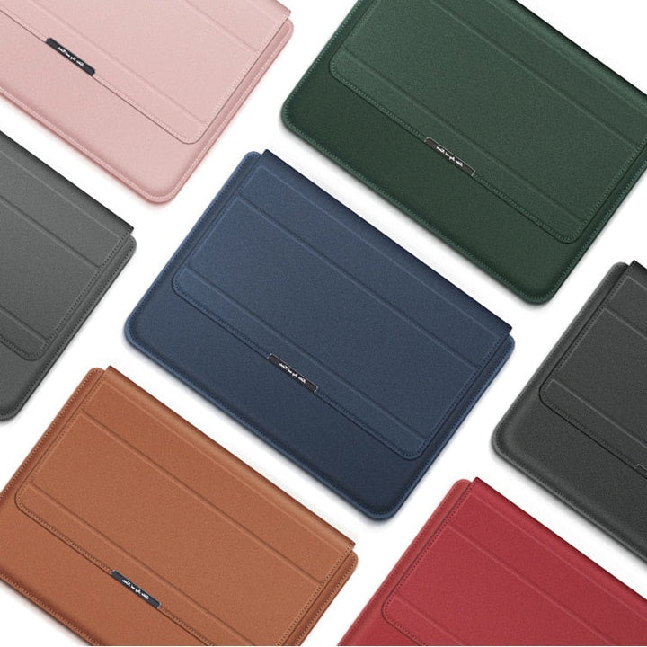 Unisex waterproof laptop sleeve with shockproof protection, built-in stand, and ergonomic wrist support.