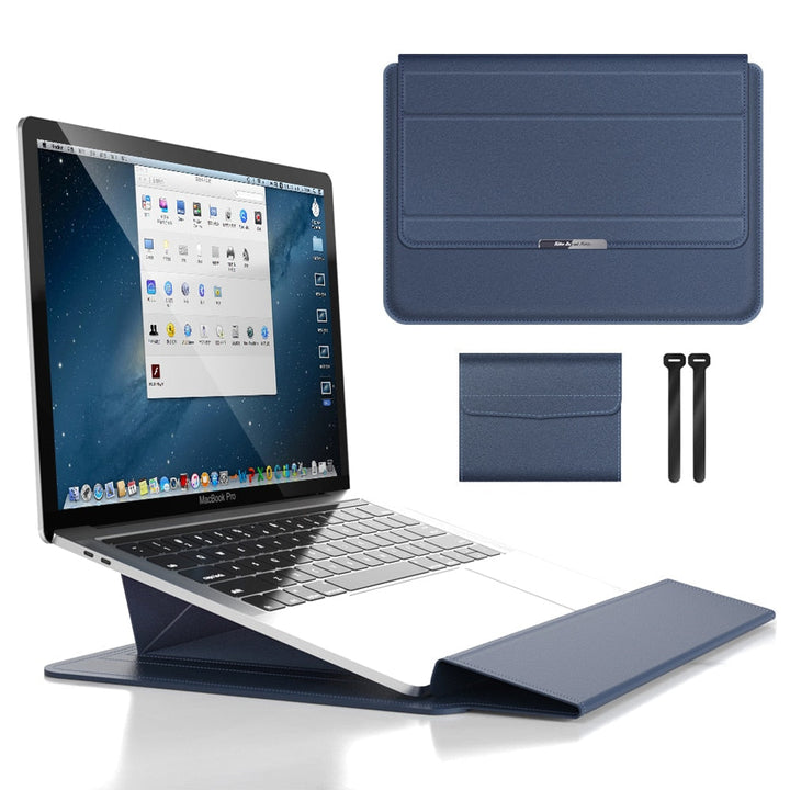 Durable unisex laptop sleeve, waterproof and shockproof, transforming into a laptop stand with wrist support.