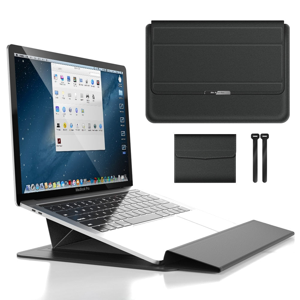 Slim design waterproof laptop case with shockproof interior, magnetic closure, and portable stand function.