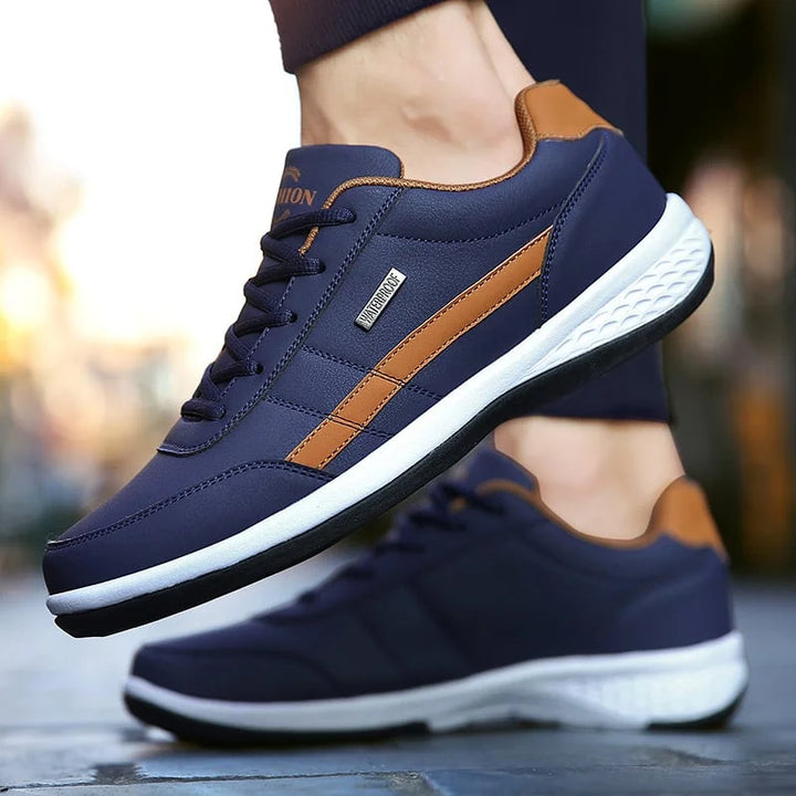 Person walking comfortably in unisex waterproof orthopedic shoes, perfect for any weather.