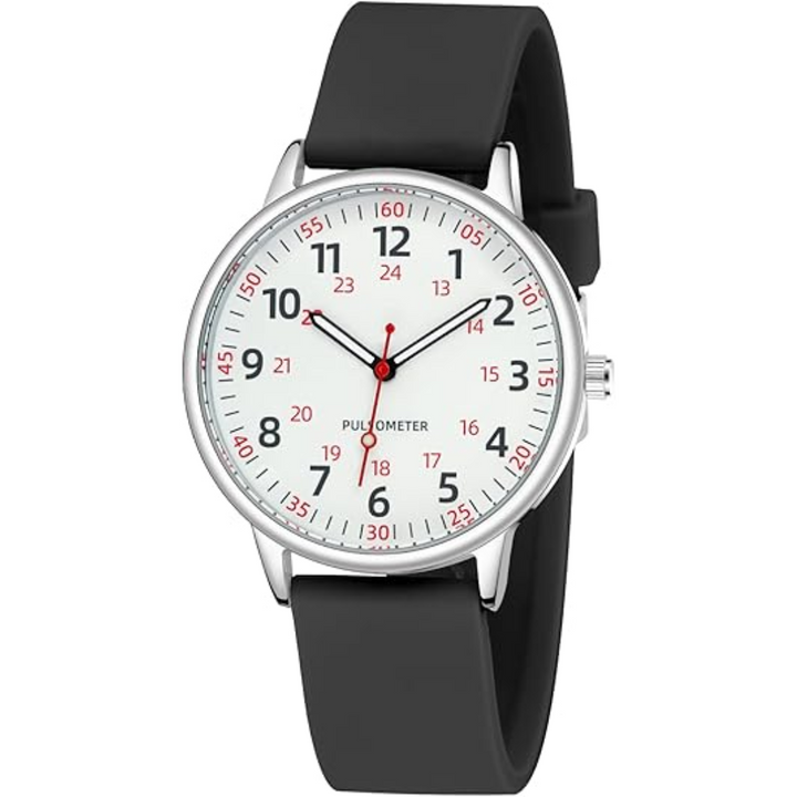 Detail of waterproof silicone fob watch's sturdy pin attachment, secure medical accessory