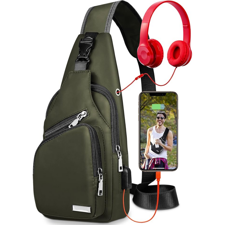 Front pocket detail of the waterproof sling bag, ideal for quick access items, suitable for daily use and travel