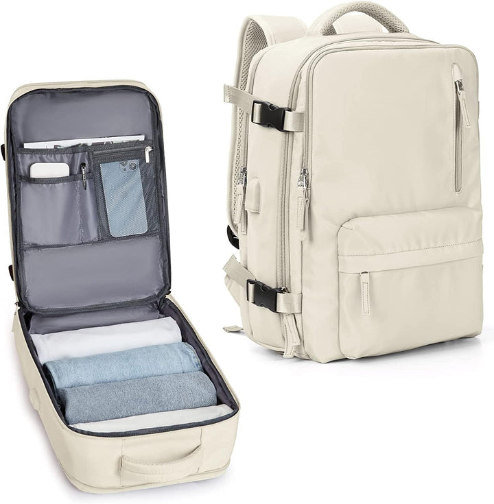 Unisex waterproof travel backpack for 14" laptop with built-in USB port & separate shoe compartment.