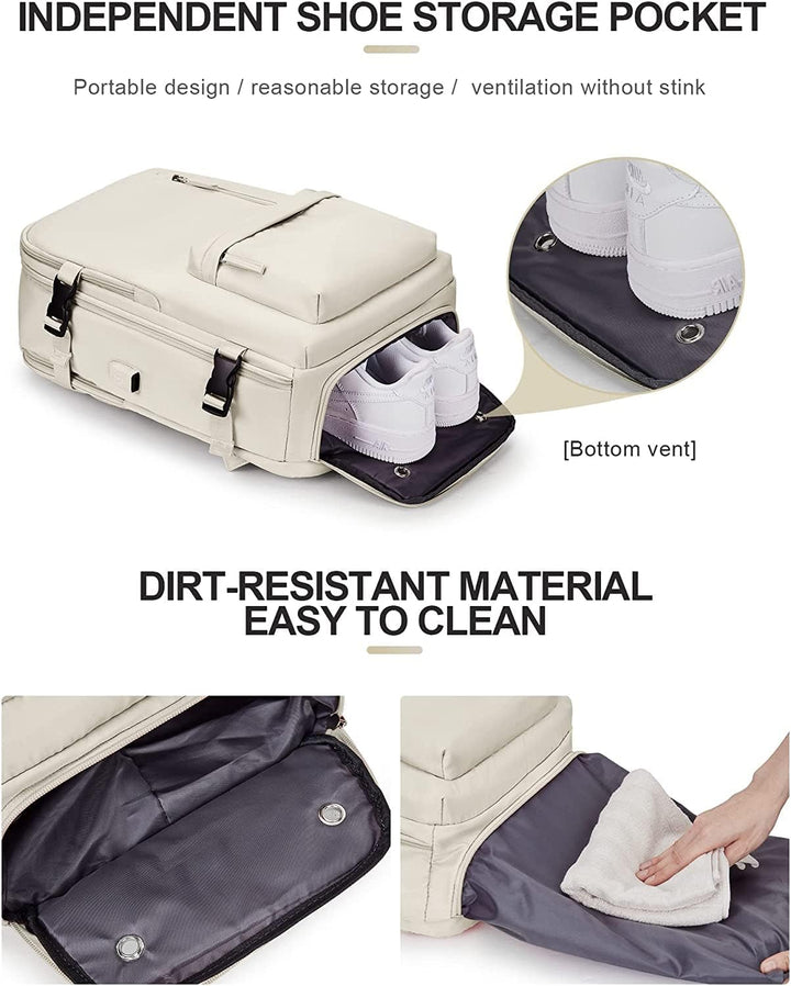 Travel-ready black backpack with waterproof zippers, shoe section, and USB port, perfect for organized packing.