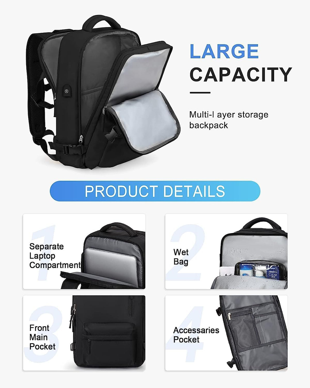 Waterproof travel backpack for men & women, ideal for outdoor adventures, with USB charger & shoe pocket.