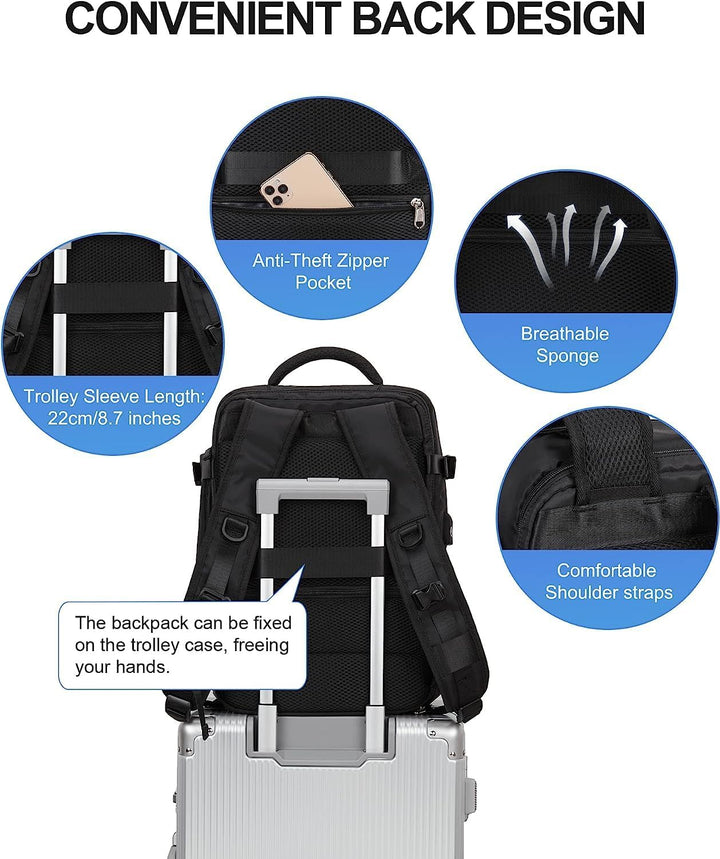 Side view of the travel backpack showing the convenient shoe compartment access & water bottle pocket.