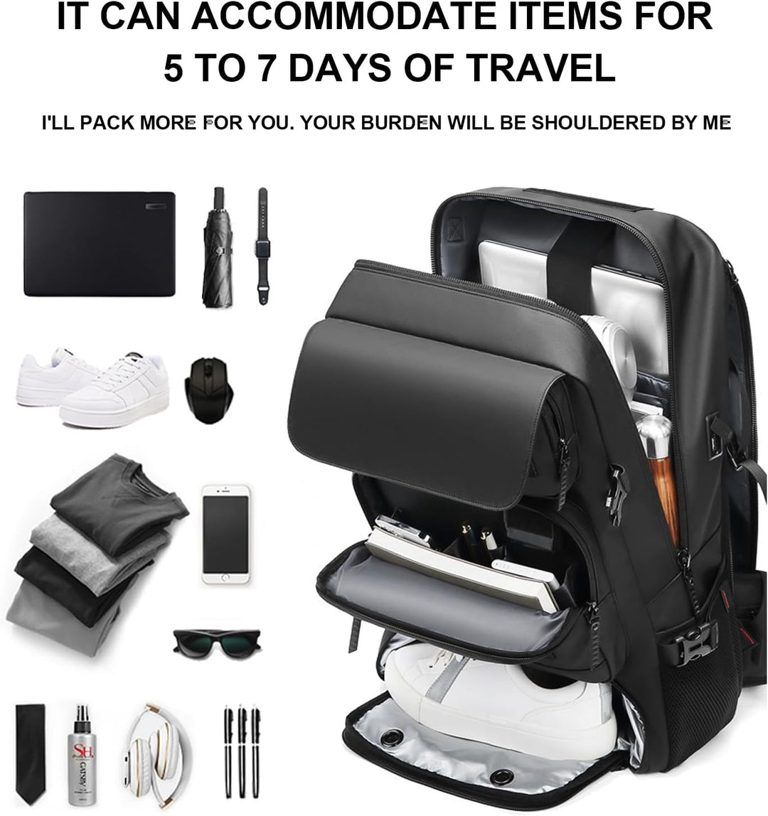 Versatile travel backpack: waterproof, unisex, with shoe compartment, USB charger & anti-theft features.