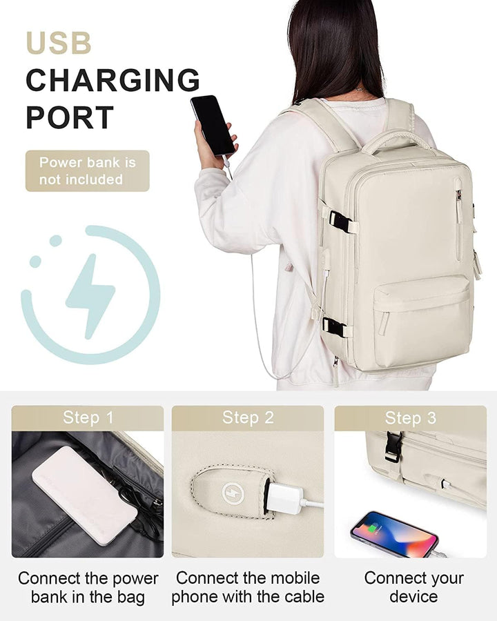 Interior: Organized waterproof travel backpack with laptop sleeve, pockets, and space.