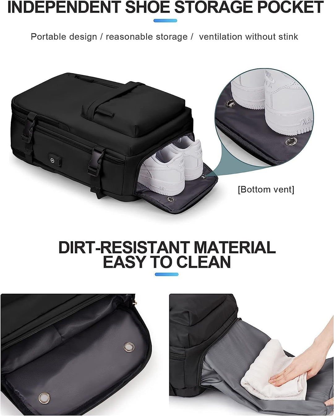 Convenient waterproof travel backpack with external USB port & dedicated shoe pocket.
