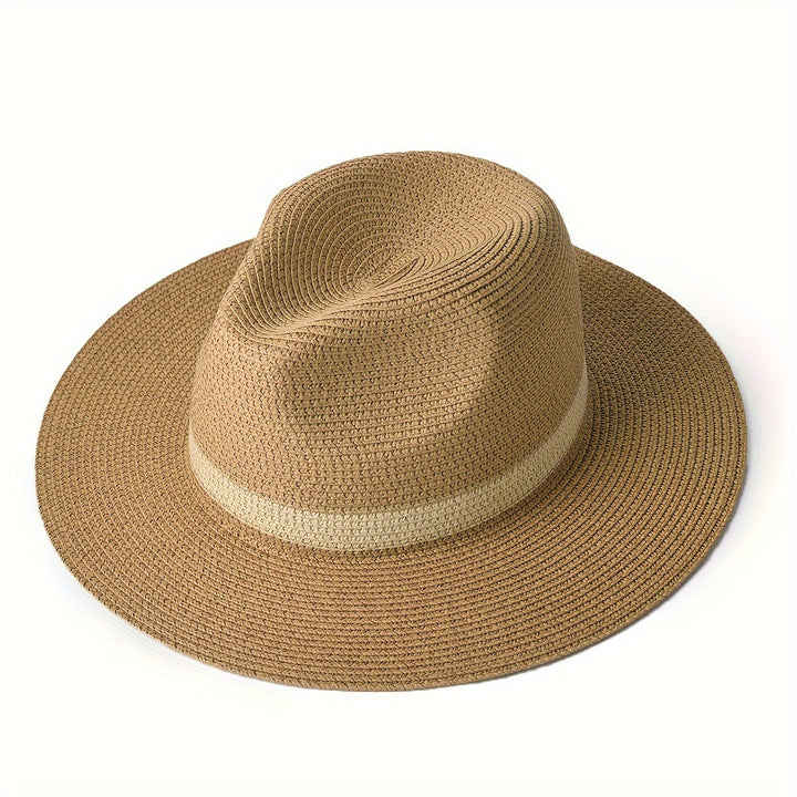 Unisex wide brim sun hat, khaki, offering summer UV protection for beach, travel, and outdoor fashion.