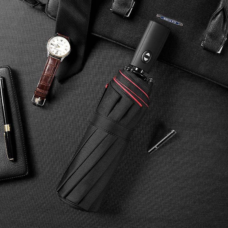 Close-up of the robust windproof frame of the AeroShield compact travel umbrella