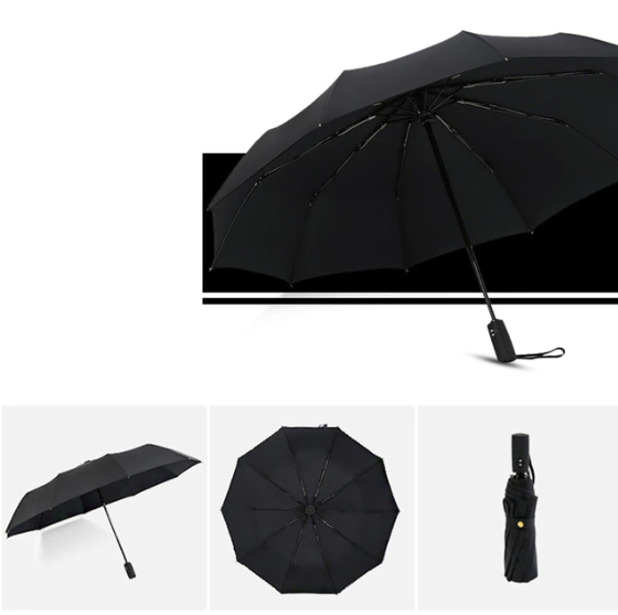 AeroShield compact travel umbrella, folded, fitting into a small bag, emphasizing portability and convenience