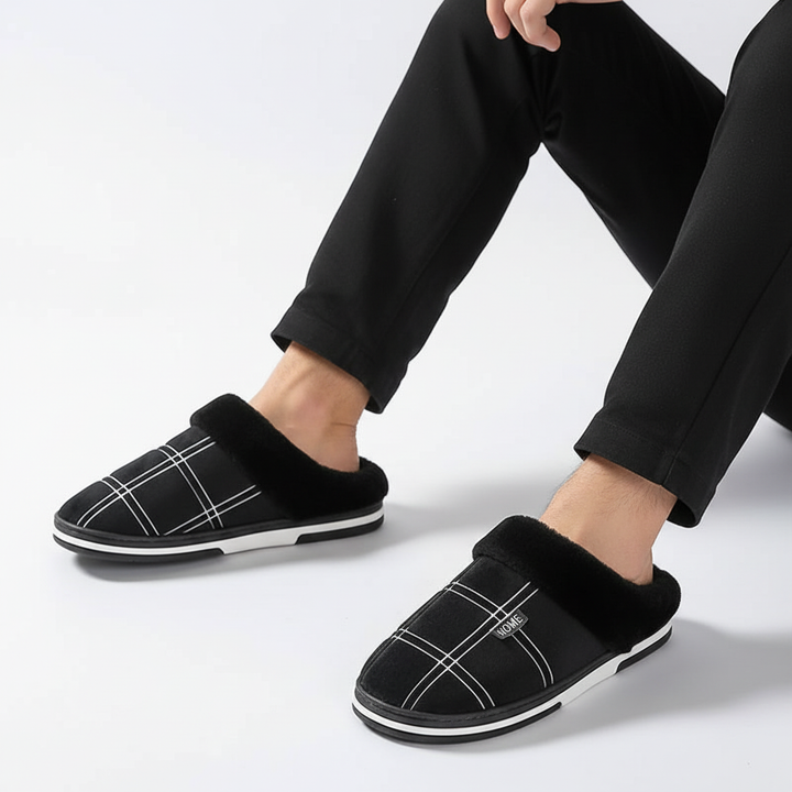 Indoor warm fleece-lined slippers with a contemporary pattern, designed for unisex comfort and non-slip safety