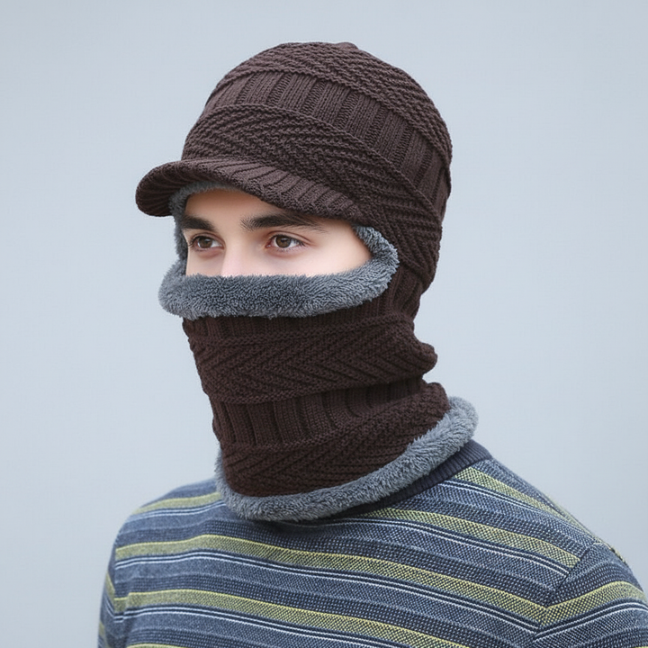 Unisex balaclava knit warmer in dark grey, integrated visor