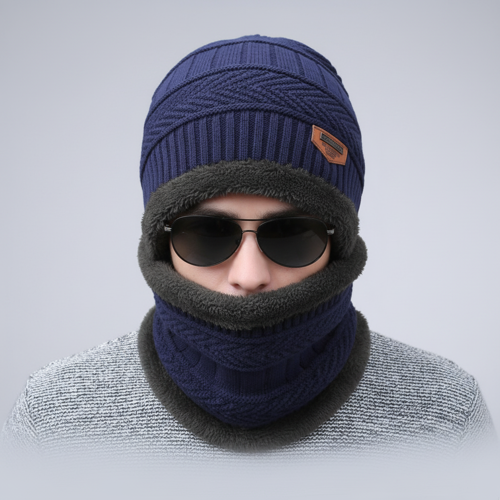 Comfortable navy blue knit balaclava, attached visor, winter fashion
