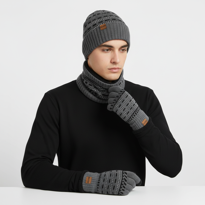 Pair of knitted gloves from a unisex winter set, designed with fleece lining for extra warmth