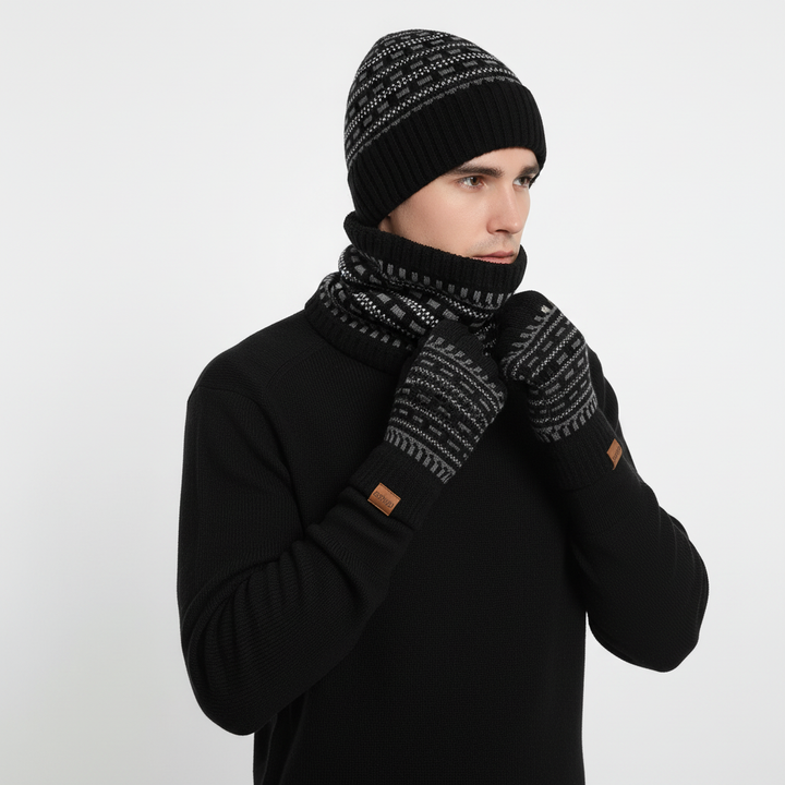 Complete unisex winter knit set: beanie, scarf, & gloves, fleeced for thermal protection