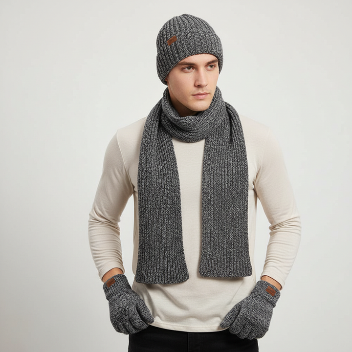 Unisex winter essentials: gray knitted beanie, long scarf, and gloves for ultimate comfort.