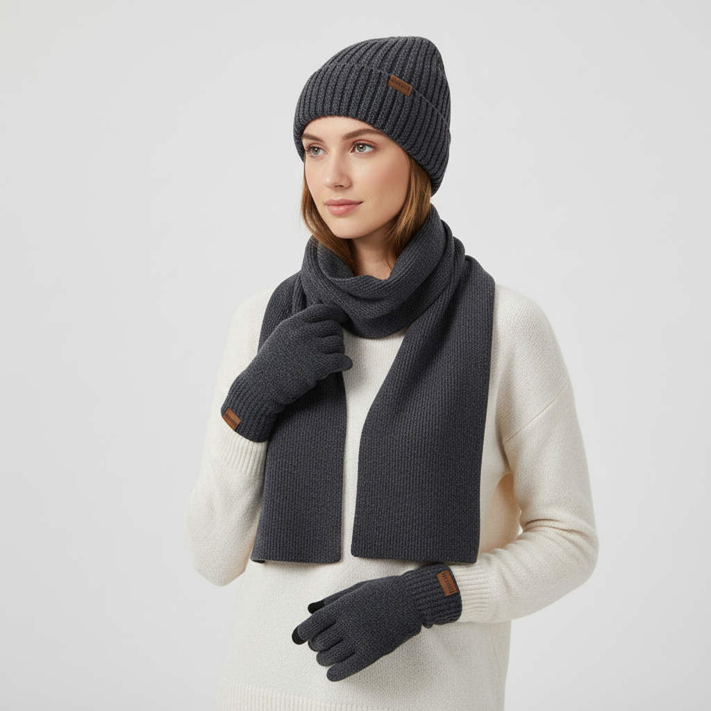Stay warm with this unisex knitted hat, scarf, and gloves set, great for winter fashion.