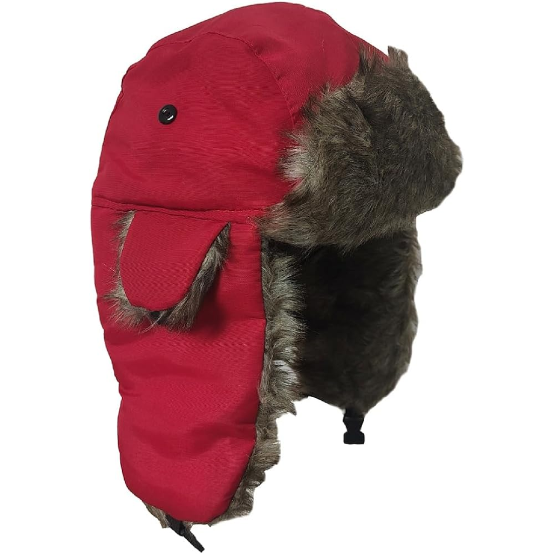 Black unisex trapper hat, lined with warm faux fur, designed for ultimate winter protection.