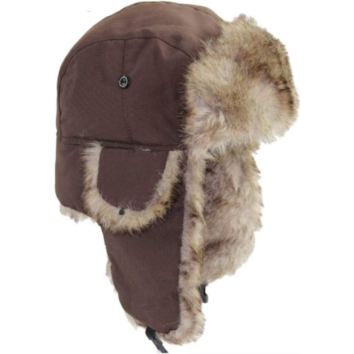 Stylish unisex trapper hat, offering superior warmth with its soft faux fur and secure ear flaps.