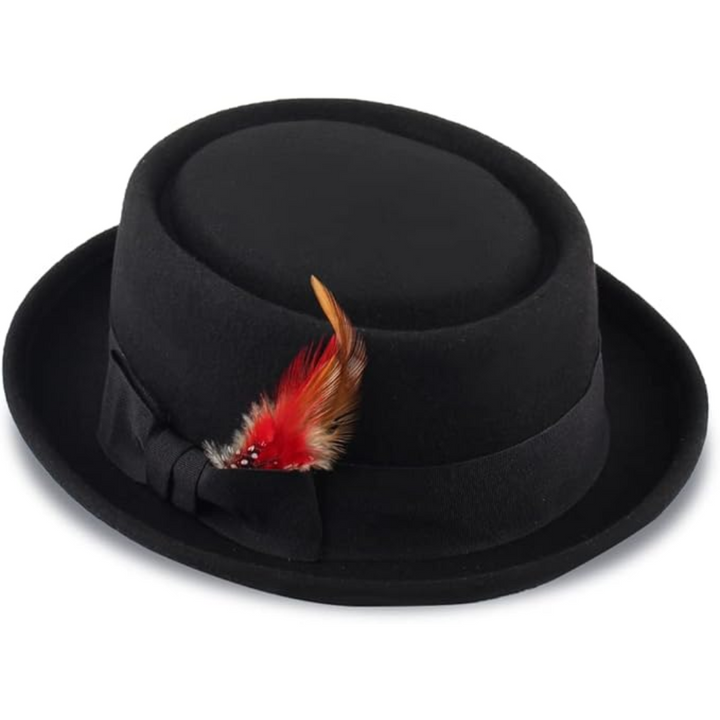 Dark grey wool felt pork pie hat, unisex fedora, stylish fashion accessory for colder weather.