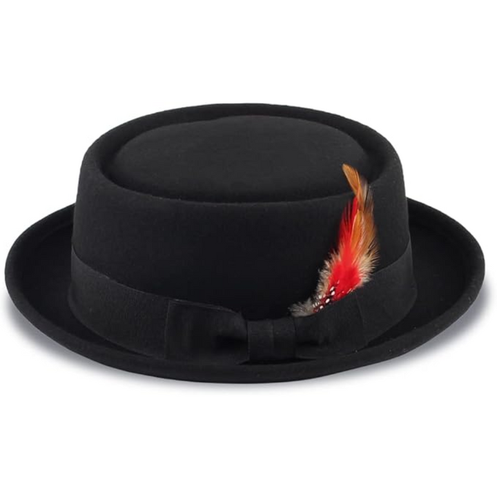 Classic black wool felt pork pie hat, versatile fedora, perfect for men and women's winter fashion.