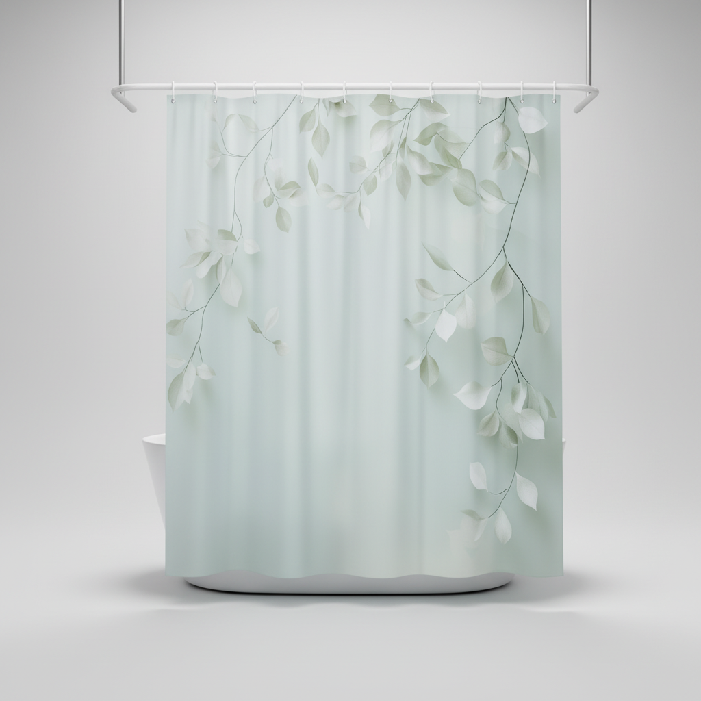 Waterproof polyester shower curtain featuring an elegant leaf pattern, ideal for nature-inspired bathroom decor