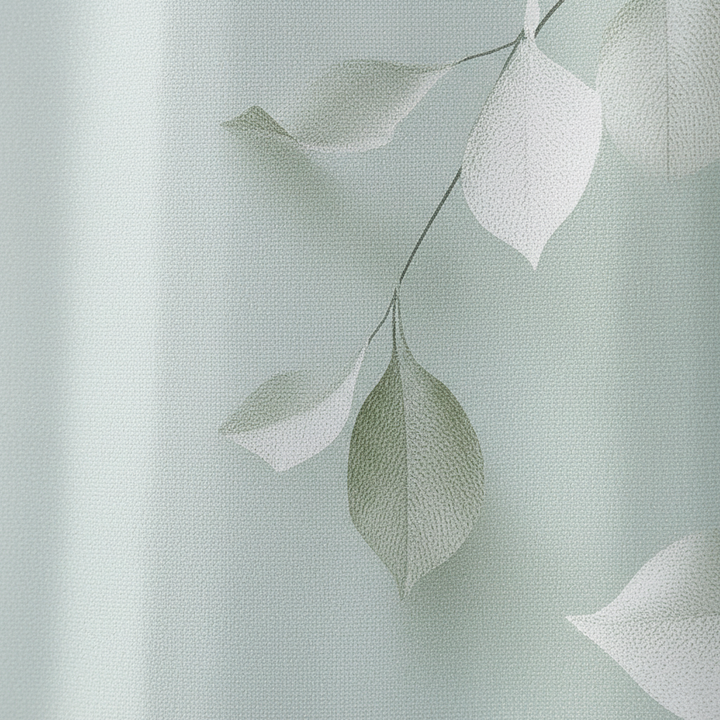 Washable Calmweave shower curtain, woven polyester, showcasing a decorative leaf design for home textiles