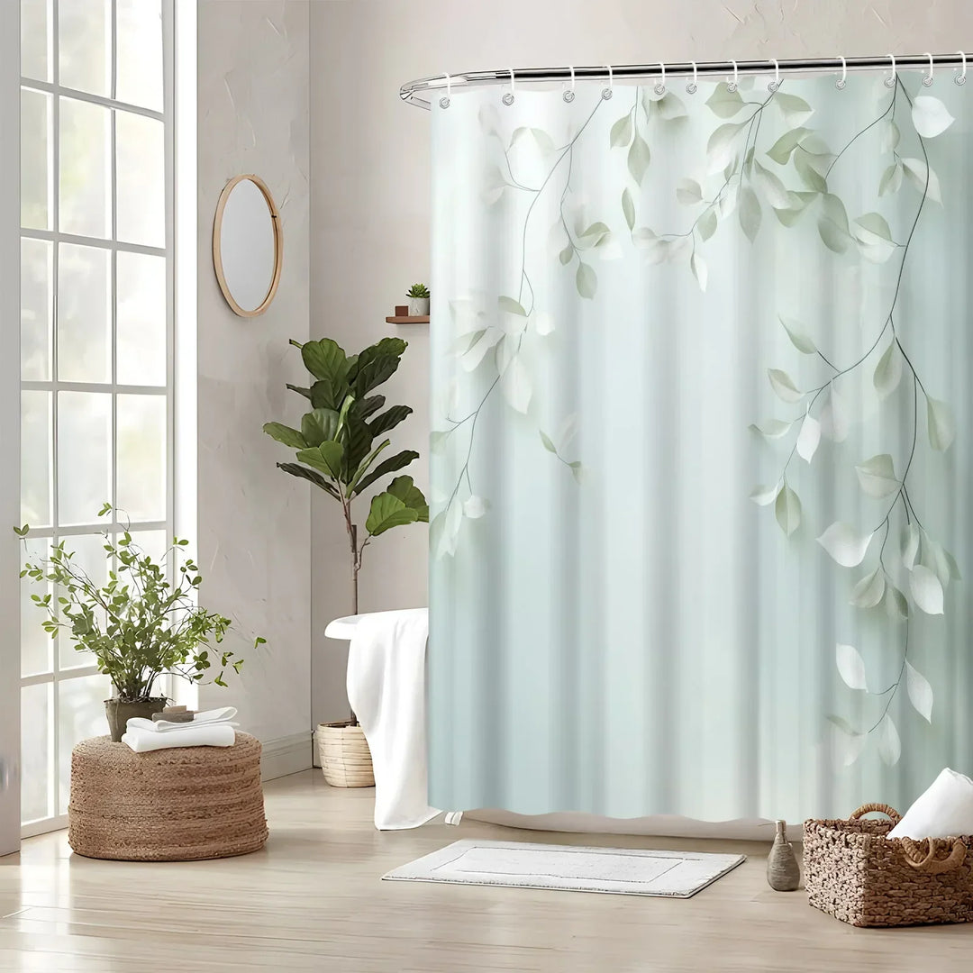Textured woven polyester shower curtain with a natural leaf design, adding a calm touch to any bathroom