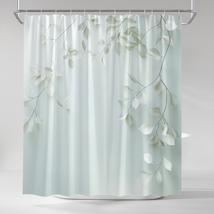 Close-up of a waterproof polyester shower curtain, highlighting its intricate leaf pattern and calmweave texture